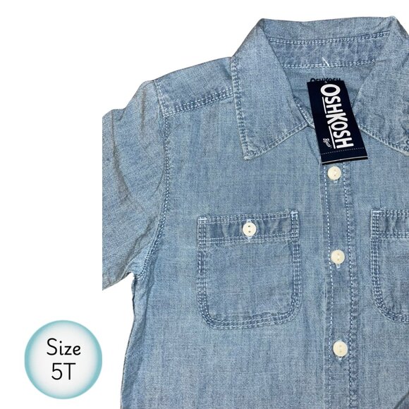 🍁3/$10 OshKosh Boys Chambray Denim Button Up Shirt Size 5T Short Sleeve Casual - Picture 5 of 10